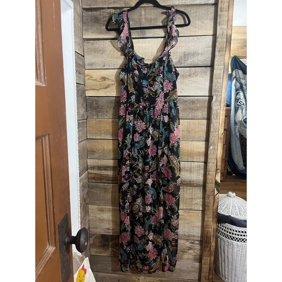 Xhilaration Womens Floral Paisley Maxi Dress Black Pink Ruffle Strap Size Medium - Picture 3 of 6